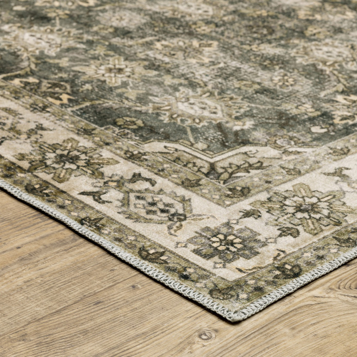 2' x 8' Blue and Beige Oriental Printed Stain Resistant Non Skid Runner Rug
