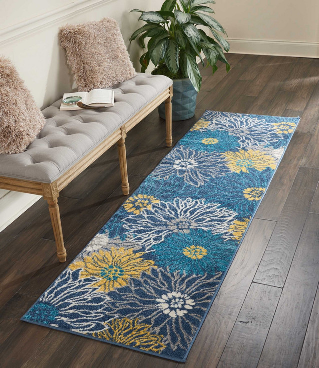 2' x 8' Blue Floral Power Loom Polypropylene Runner Rug