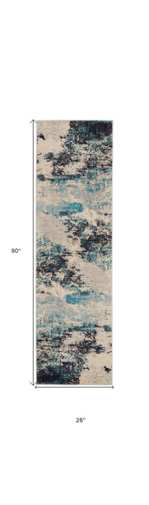 2' x 8' Ivory and Teal Blue Abstract Power Loom Non Skid Runner Rug