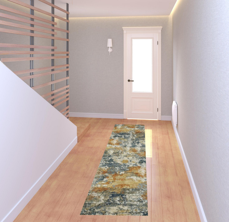 2' x 8' Teal Blue Orange Gold Grey Tan Brown & Beige Abstract Printed Non Skid Runner Rug