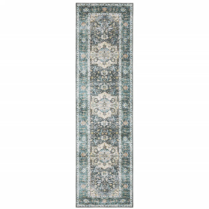 2' x 8' Blue Ivory Teal Brown and Gold Oriental Printed Non Skid Runner Rug