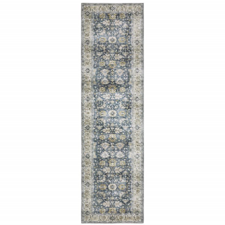2' x 8' Blue and Ivory Oriental Printed Non Skid Runner Rug