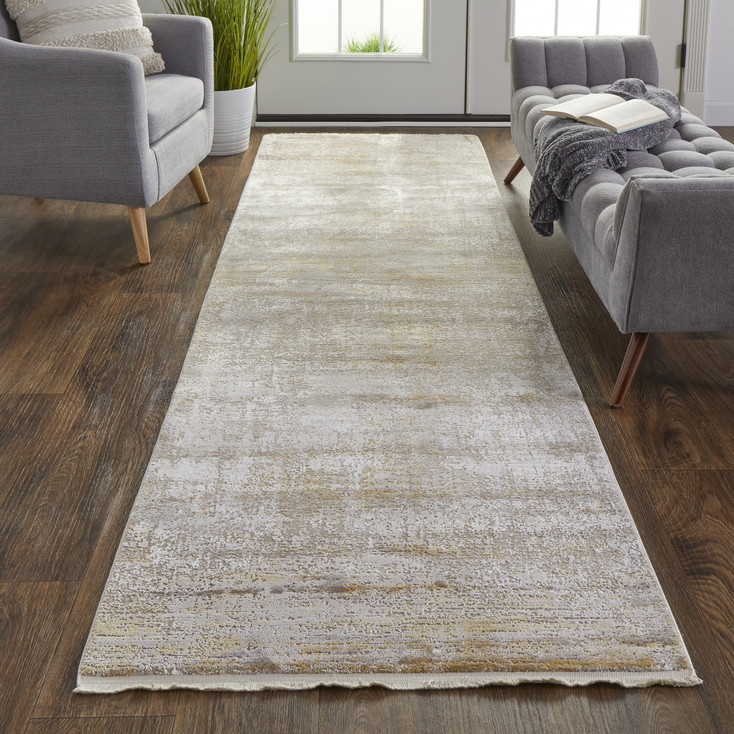 3' x 10' Taupe Ivory and Gold Abstract Runner Rug with Fringe