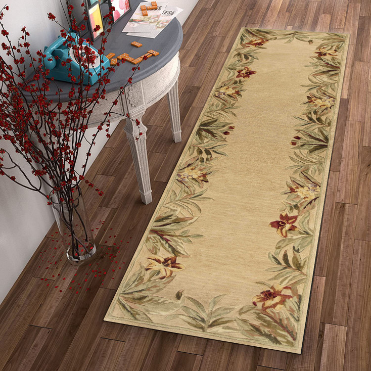 3' x 10' Ivory Hand Tufted Bordered Tropical Plants Indoor Runner Rug
