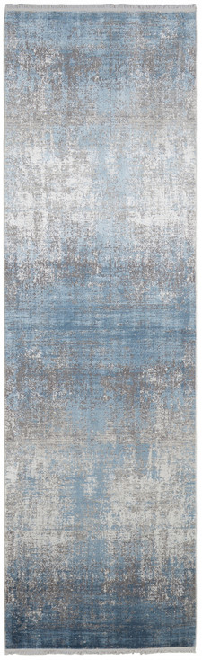 3' x 10' Blue Gray and Silver Abstract Power Loom Distressed Runner Rug with Fringe