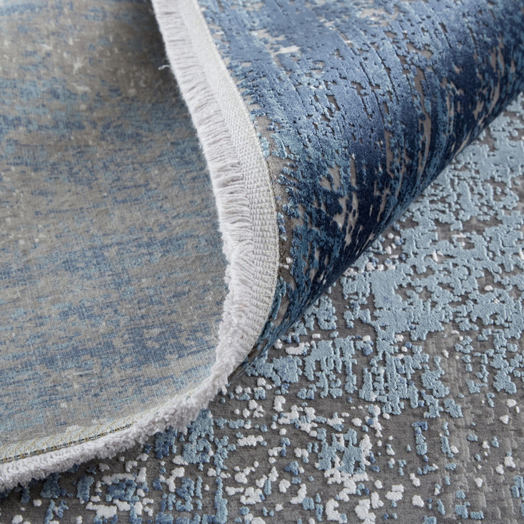 3' x 10' Blue Gray and Silver Abstract Power Loom Distressed Runner Rug with Fringe