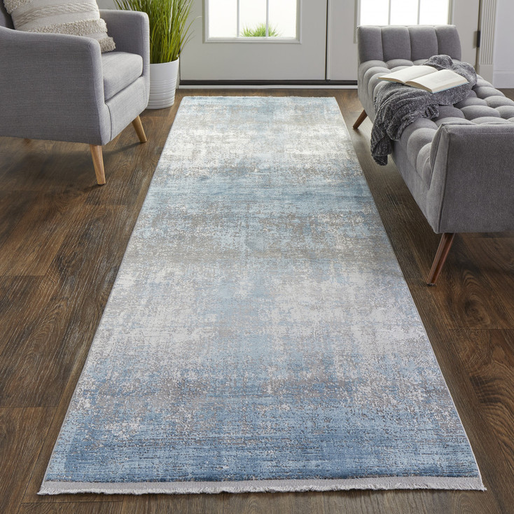 3' x 10' Blue Gray and Silver Abstract Power Loom Distressed Runner Rug with Fringe
