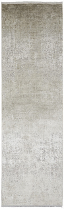 3' x 10' Tan Ivory and Gray Abstract Power Loom Distressed Runner Rug with Fringe