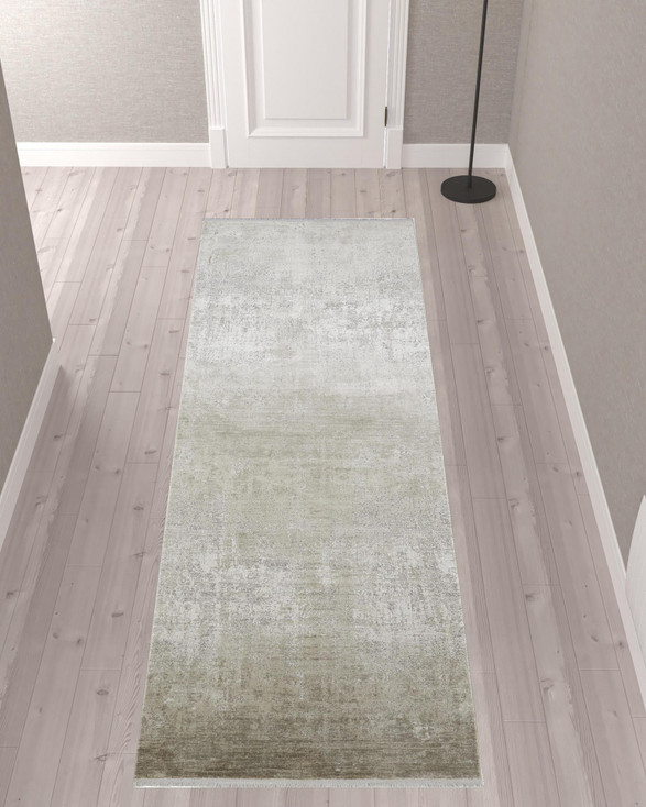 3' x 10' Tan Ivory and Gray Abstract Power Loom Distressed Runner Rug with Fringe