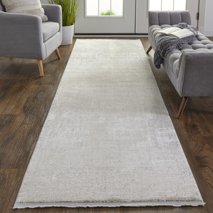 3' x 10' Tan Ivory and Gray Abstract Power Loom Distressed Runner Rug with Fringe