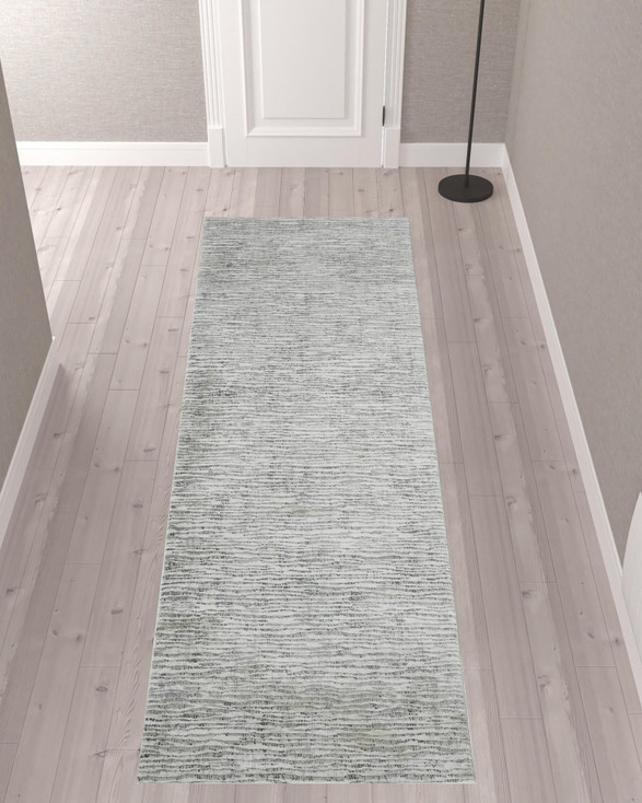 3' x 10' Gray Green and Ivory Striped Distressed Stain Resistant Runner Rug