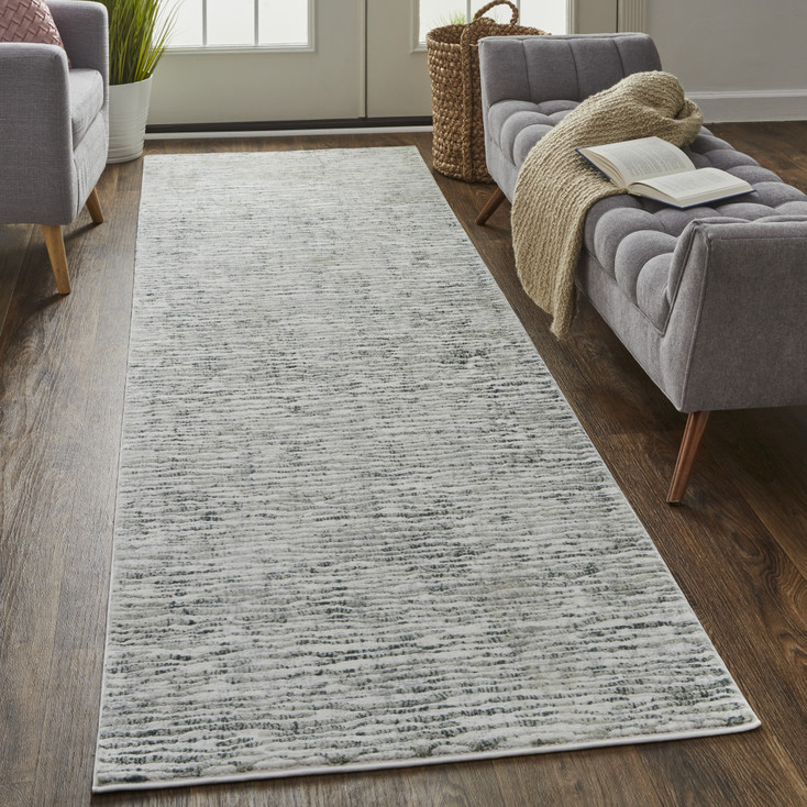 3' x 10' Gray Green and Ivory Striped Distressed Stain Resistant Runner Rug