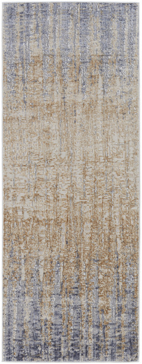 3' x 10' Tan Brown and Blue Abstract Power Loom Distressed Runner Rug