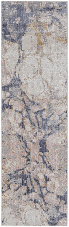 3' x 10' Tan and Blue Abstract Power Loom Distressed Runner Rug