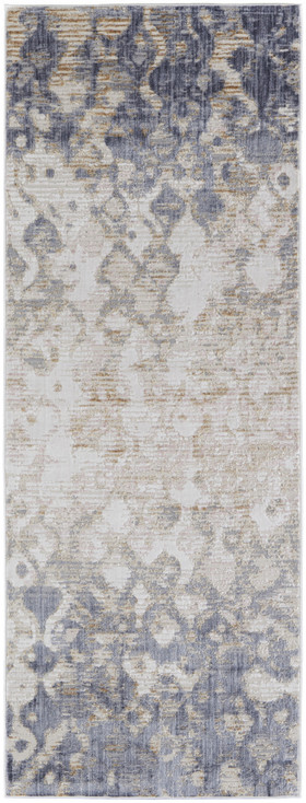 3' x 10' Tan Ivory and Blue Abstract Power Loom Distressed Runner Rug