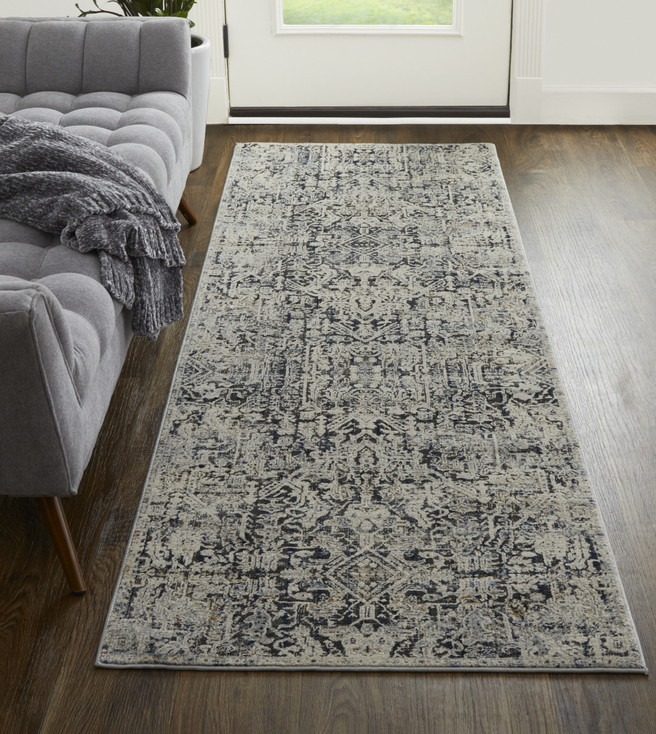 3' x 10' Ivory Gray and Taupe Abstract Power Loom Distressed Runner Rug with Fringe