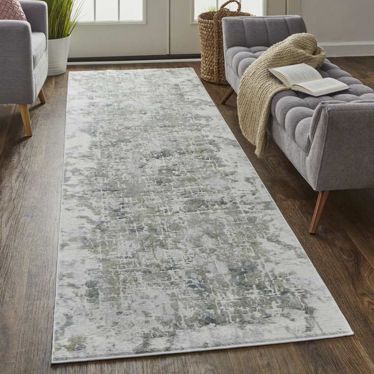3' x 10' Green Gray and Ivory Abstract Distressed Stain Resistant Runner Rug