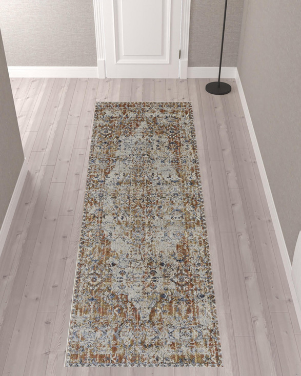 3' x 10' Tan Ivory and Orange Floral Power Loom Runner Rug with Fringe
