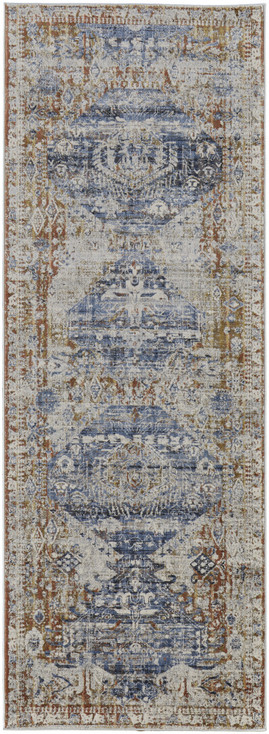 3' x 10' Ivory Orange and Blue Floral Power Loom Distressed Runner Rug with Fringe