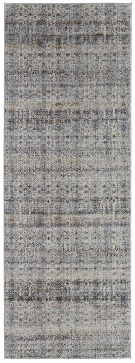 3' x 10' Tan Ivory and Blue Geometric Power Loom Distressed Runner Rug with Fringe