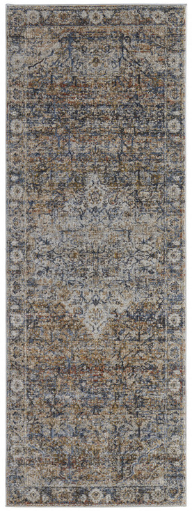 3' x 10' Tan Orange and Blue Floral Power Loom Distressed Runner Rug with Fringe