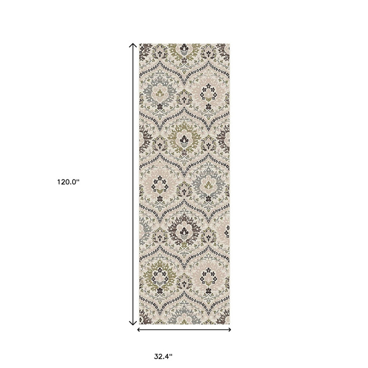 3' x 10' Beige Ivory and Brown Floral Stain Resistant Runner Rug