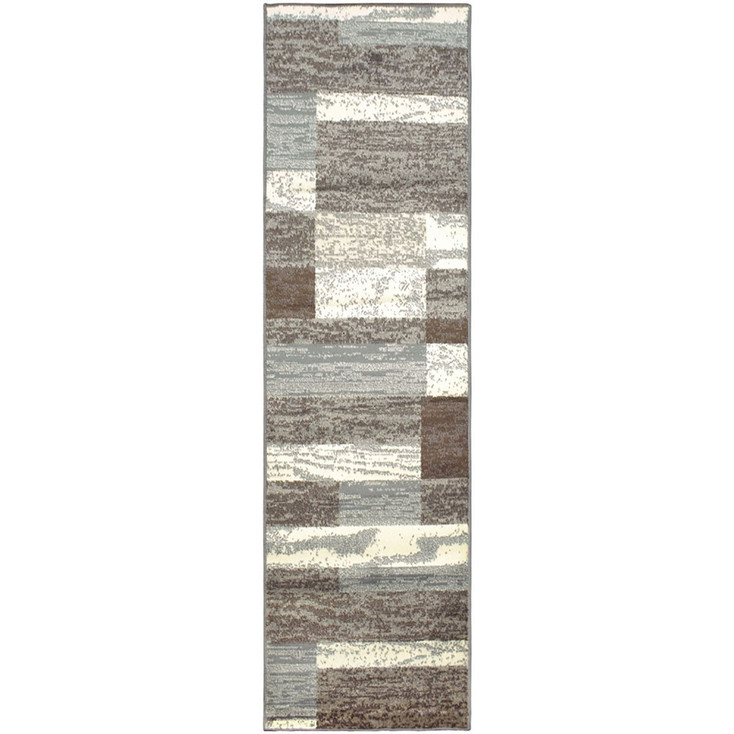 3' x 10' Light Blue and Ivory Patchwork Power Loom Stain Resistant Runner Rug