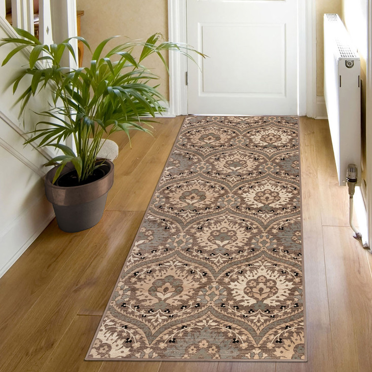 3' x 10' Ivory Beige and Light Blue Floral Stain Resistant Runner Rug