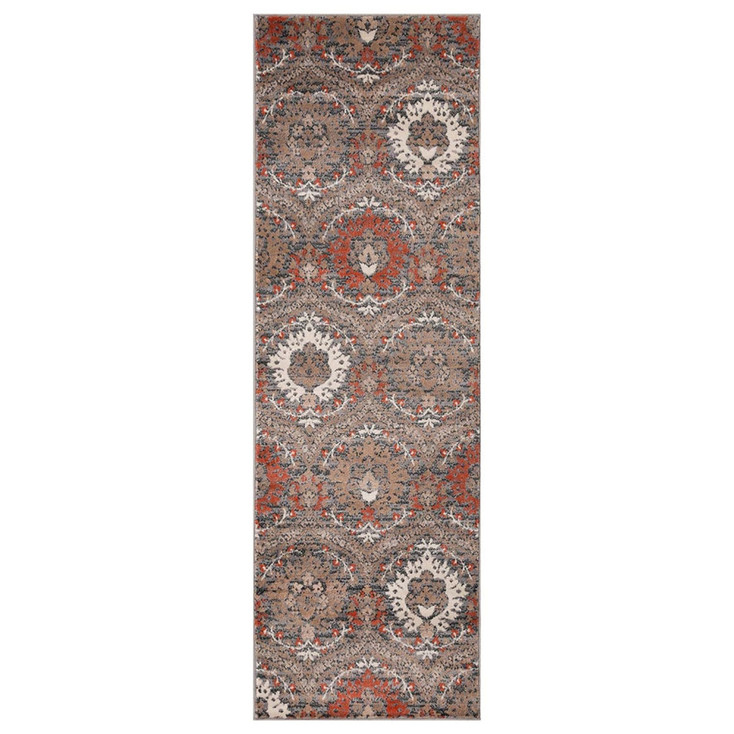 3' x 10' Rust and Gray Floral Stain Resistant Runner Rug