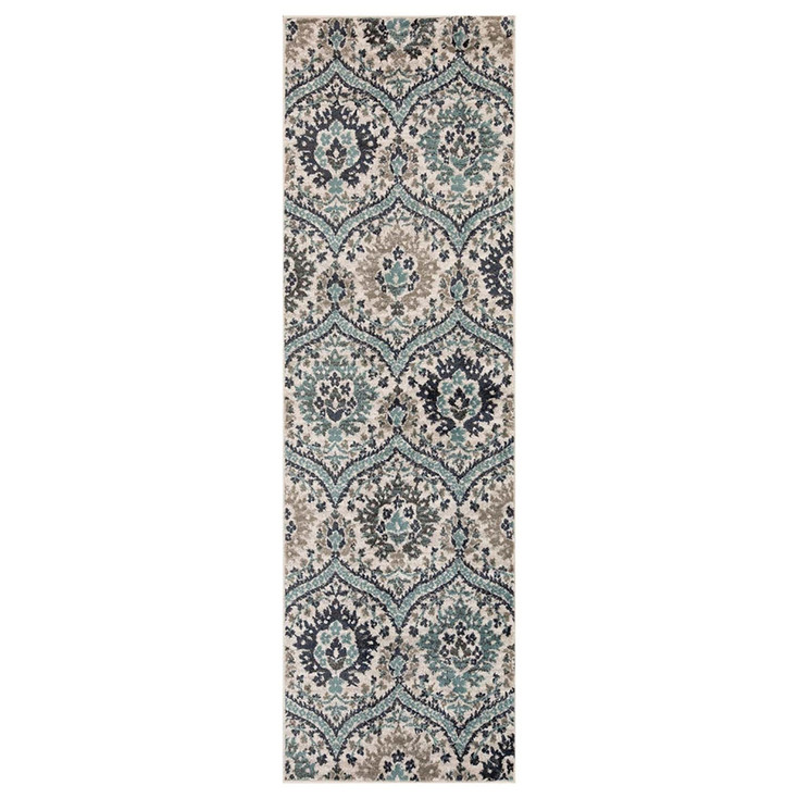 3' x 10' Runner Ivory Blue and Gray Floral Stain Resistant Runner Rug