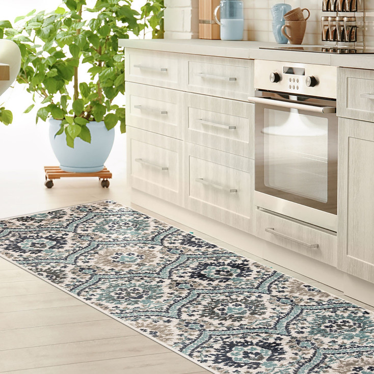 3' x 10' Runner Ivory Blue and Gray Floral Stain Resistant Runner Rug