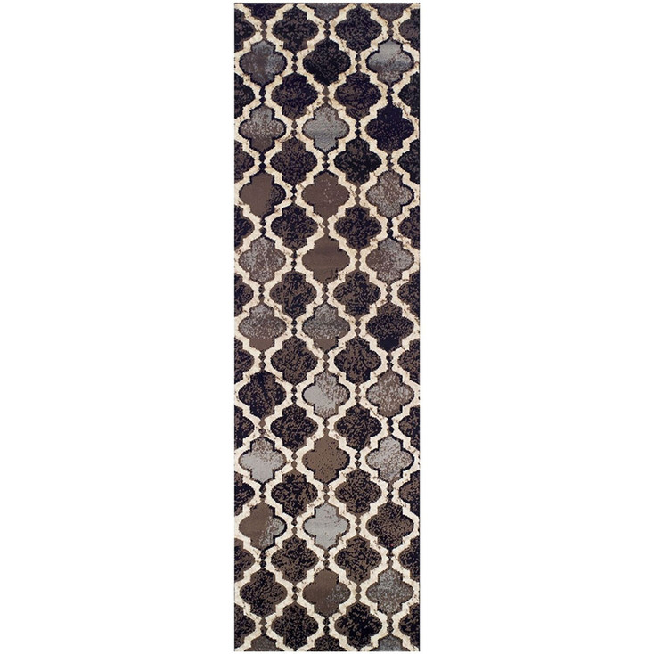 3' x 10' Chocolate Quatrefoil Power Loom Distressed Stain Resistant Runner Rug
