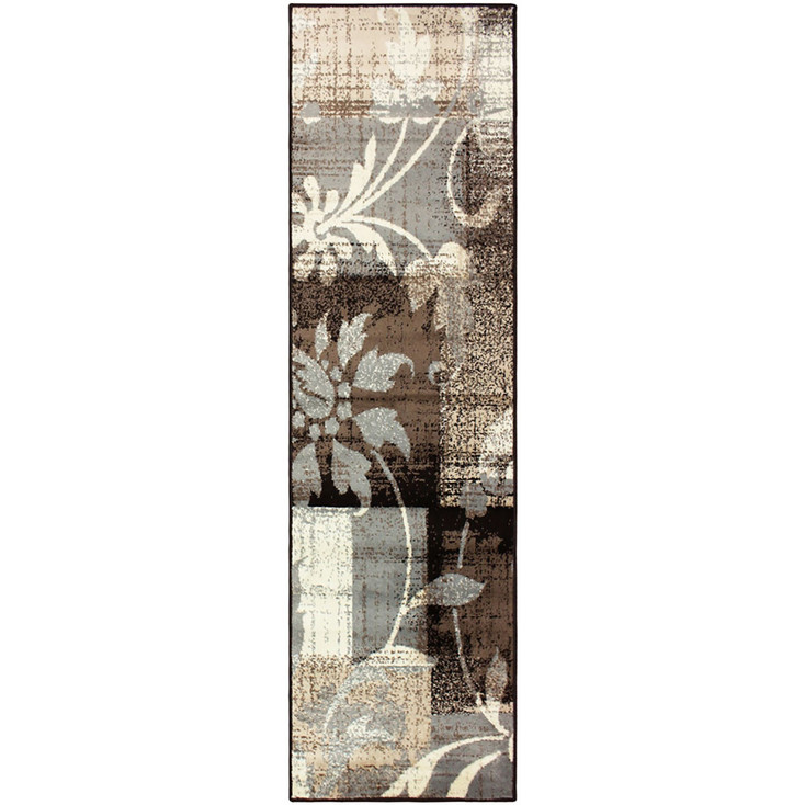 3' x 10' Beige & Gray Floral Power Loom Distressed Stain Resistant Runner Rug