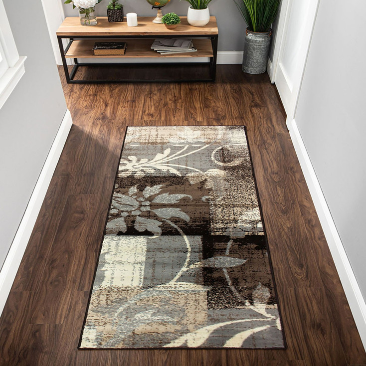 3' x 10' Beige & Gray Floral Power Loom Distressed Stain Resistant Runner Rug