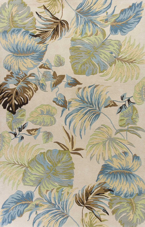 3' x 4' Ivory Blue Hand Tufted Tropical Leaves Indoor Area Rug