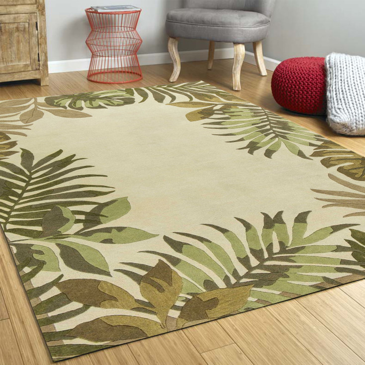 3' x 4' Ivory Leaves Bordered Wool Area Rug