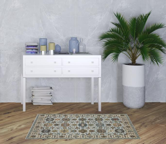 3' x 5' Blue Beige Grey Green Yellow and Rust Oriental Power Loom Area Rug with Fringe