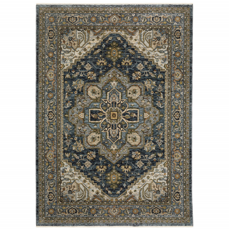 3' x 5' Blue and Green Oriental Power Loom Area Rug with Fringe