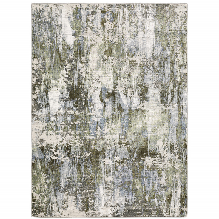 3' x 5' Green Blue Grey Ivory and Brown Abstract Power Loom Stain Resistant Area Rug
