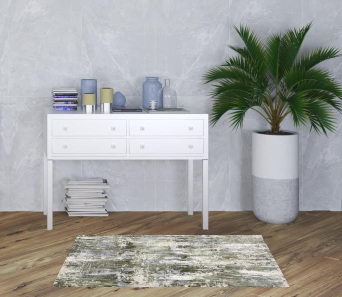 3' x 5' Green Blue Grey Ivory and Brown Abstract Power Loom Stain Resistant Area Rug