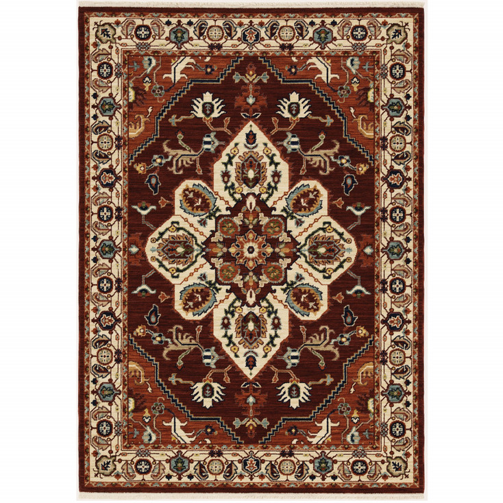 3' x 5' Red Ivory Orange and Blue Oriental Power Loom Stain Resistant Area Rug