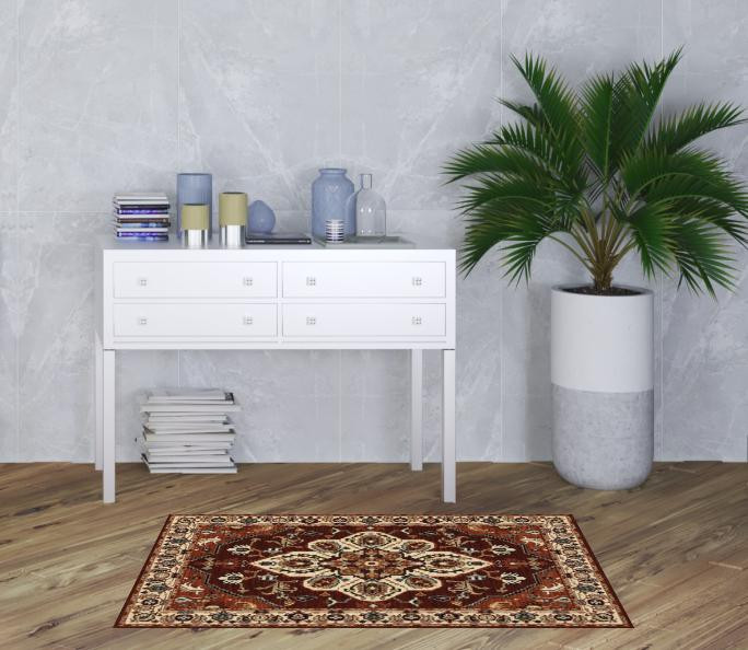 3' x 5' Red Ivory Orange and Blue Oriental Power Loom Stain Resistant Area Rug