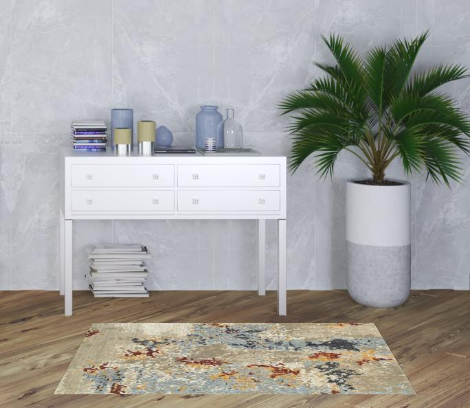 3' x 5' Beige and Blue Abstract Power Loom Stain Resistant Area Rug