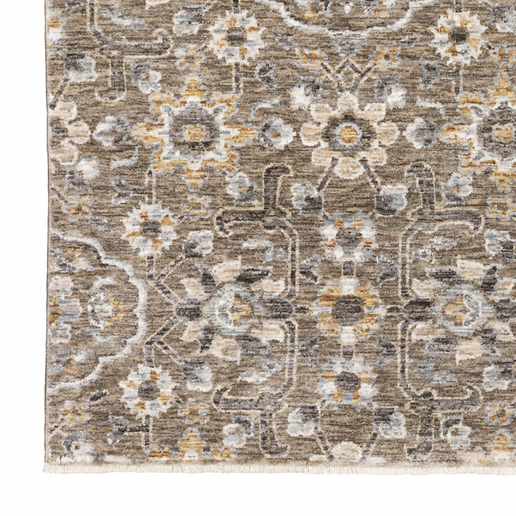 3' x 5' Grey and Tan Floral Power Loom Stain Resistant Area Rug with Fringe