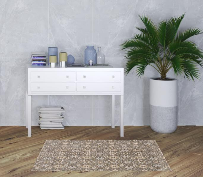 3' x 5' Grey and Tan Floral Power Loom Stain Resistant Area Rug with Fringe