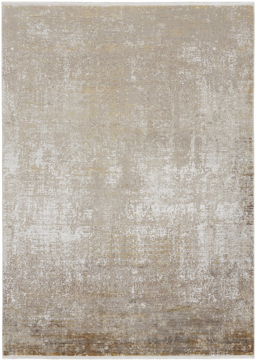 3' x 5' Taupe Ivory and Gold Abstract Power Loom Distressed Area Rug with Fringe