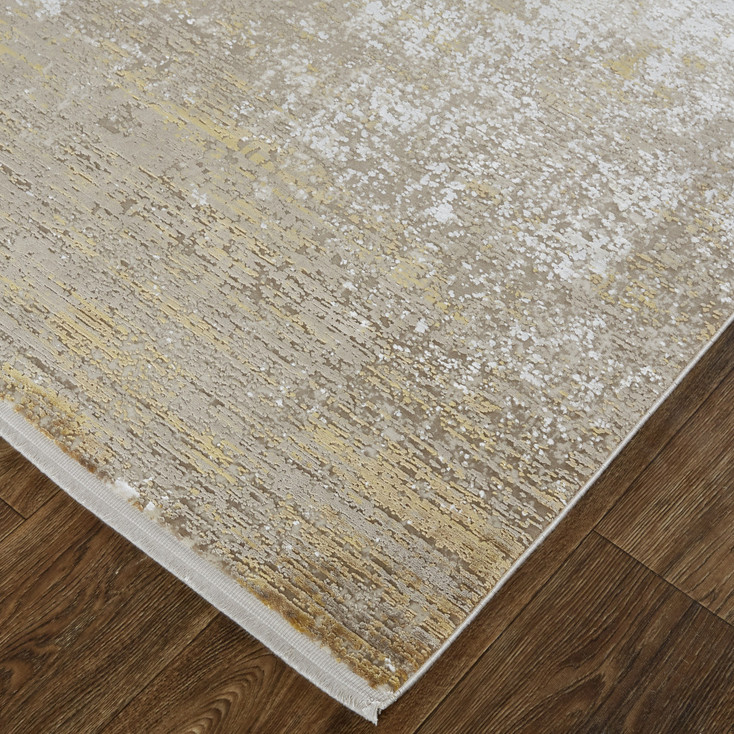 3' x 5' Taupe Ivory and Gold Abstract Power Loom Distressed Area Rug with Fringe