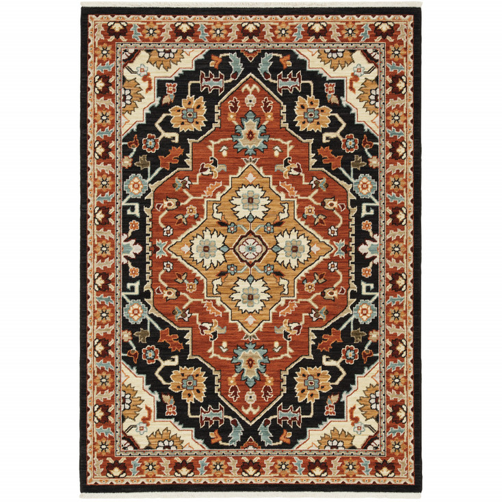 3' x 5' Black Orange and Beige Oriental Power Loom Stain Resistant Area Rug with Fringe