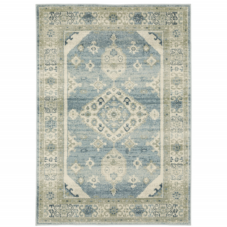 3' x 5' Blue Grey Beige and Teal Oriental Power Loom Stain Resistant Area Rug