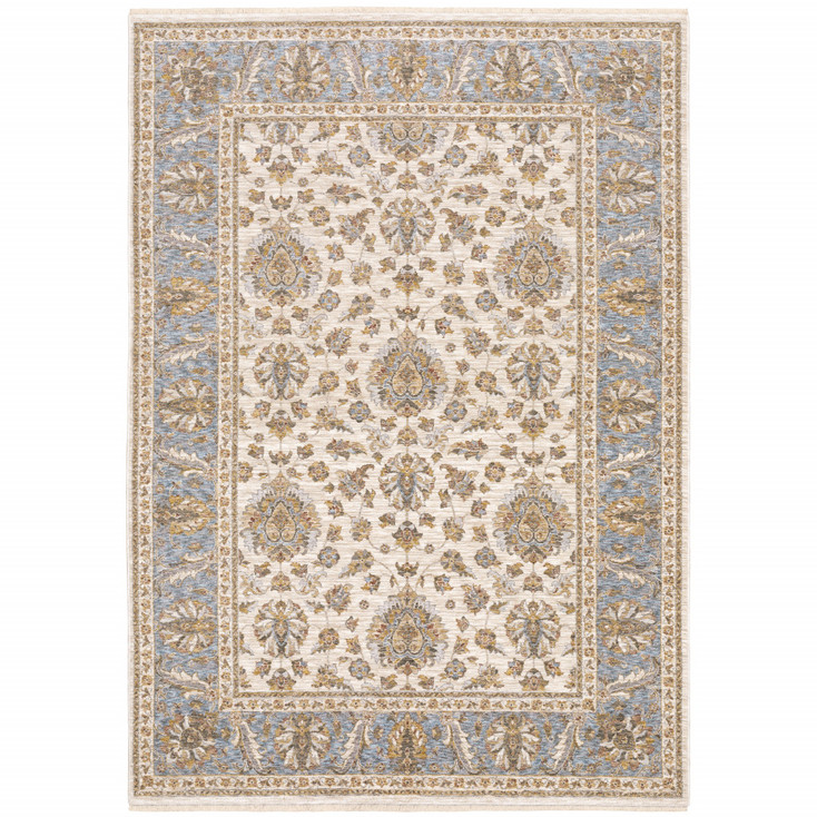 3' x 5' Ivory and Blue Oriental Power Loom Stain Resistant Area Rug with Fringe